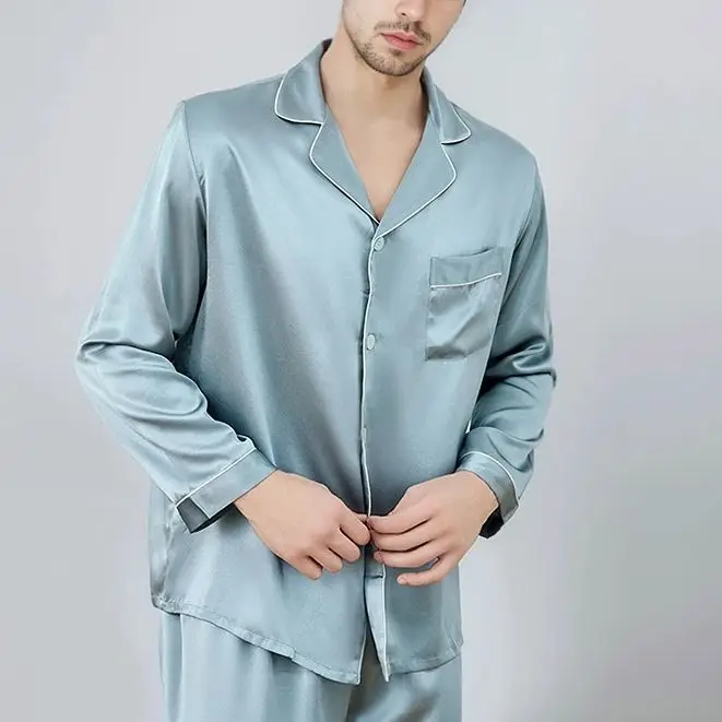 100% Silk Pajamas Men Suit Nightwear Casual Sleepwear Blue Long-Sleeved Home Clothing Pijama L XL 3XL