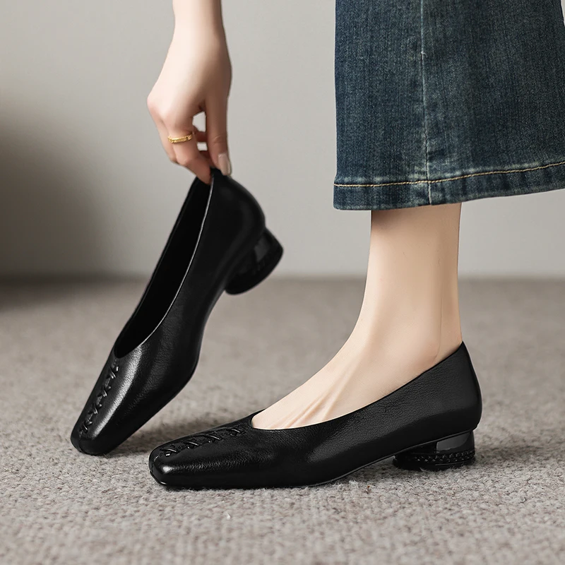 2026 new spring summer women pumps natural leather 22-25cm soft sheepskin square toe round heel loafers women shoes fashion