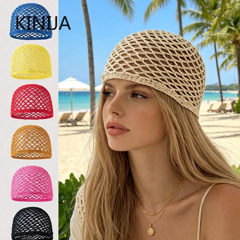Women Breathable Mesh Cotton Hat Thin Solid Color Hollow Out Handmade Hat Versatile Fashion Crochet Cap for Summer Pullover Hats