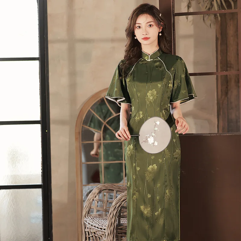 

Summer Dark Green Jacquard Satin Inverted Large-sleeved Cheongsam Lady Retro Chinese Style Modern Qipao Evening Dress for Women