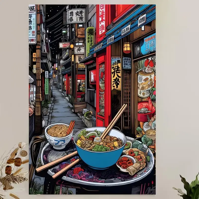 2D Printed Japanese Alley & Ramen Food Pop Art Metal Tin Sign - Vibrant Retro Wall Decor for Kitchen, Restaurant, Bar | Iron, Ca