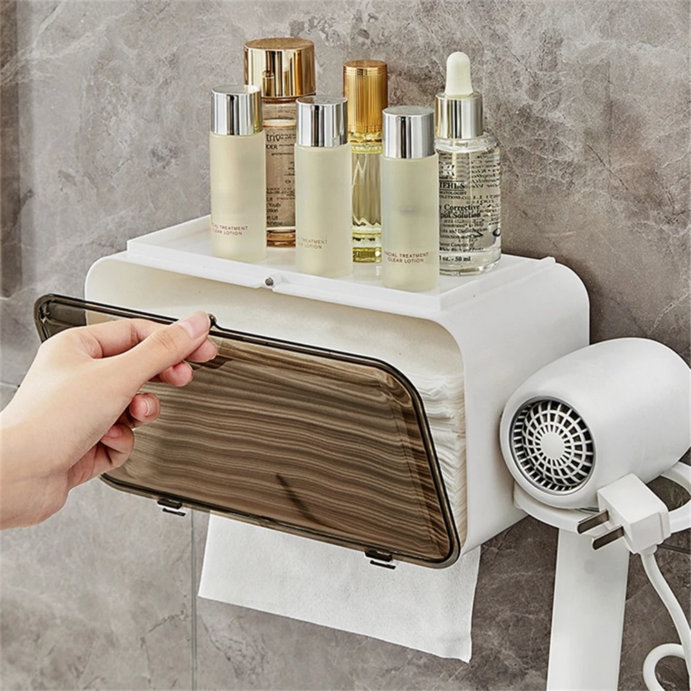 Bathroom Storage Rack Household Cosmetic Shelf Wall Mounted Tissue Boxes Disposable Washcloth Tray Foldable Hair Dryer Holder