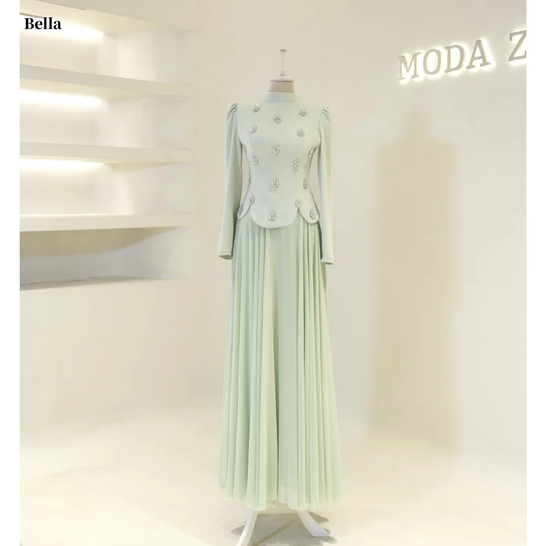 Bella op maat gemaakte lichtmunt hoge hals lange mouwen robes de soirée kralen decor geplooide rok feestjurken lange jurk stijlvol