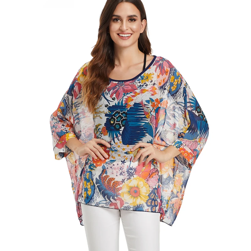 BHflutter Summer Tops for Women 2019 Fashion Batwing Casual Loose Chiffon Blouses Shirt Floral Print Boho Beach Blouse Blusas