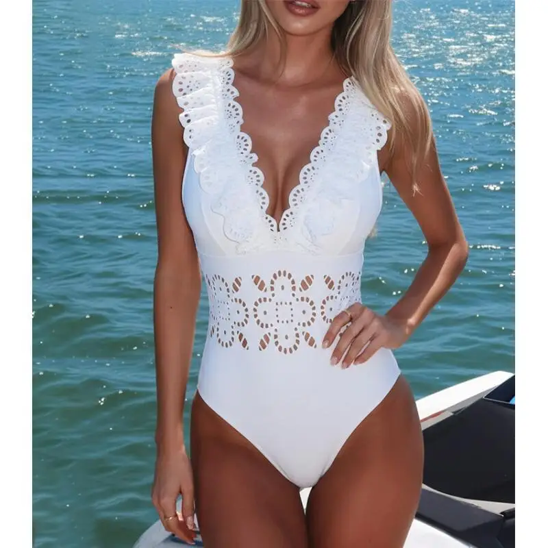 Flaxmaker 2026 Summer Solid Swimsuit And Skirt Women V Neck Sleeveless Ruffle White Laser Cutting Flower Hollow Swimsuit Set
