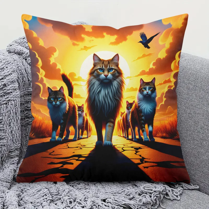 Warrior Cats Group Double-Sided Pillowcase, Epic Feline Battle Graphic Cushion Cover with Zipper, Washable Decor Case
