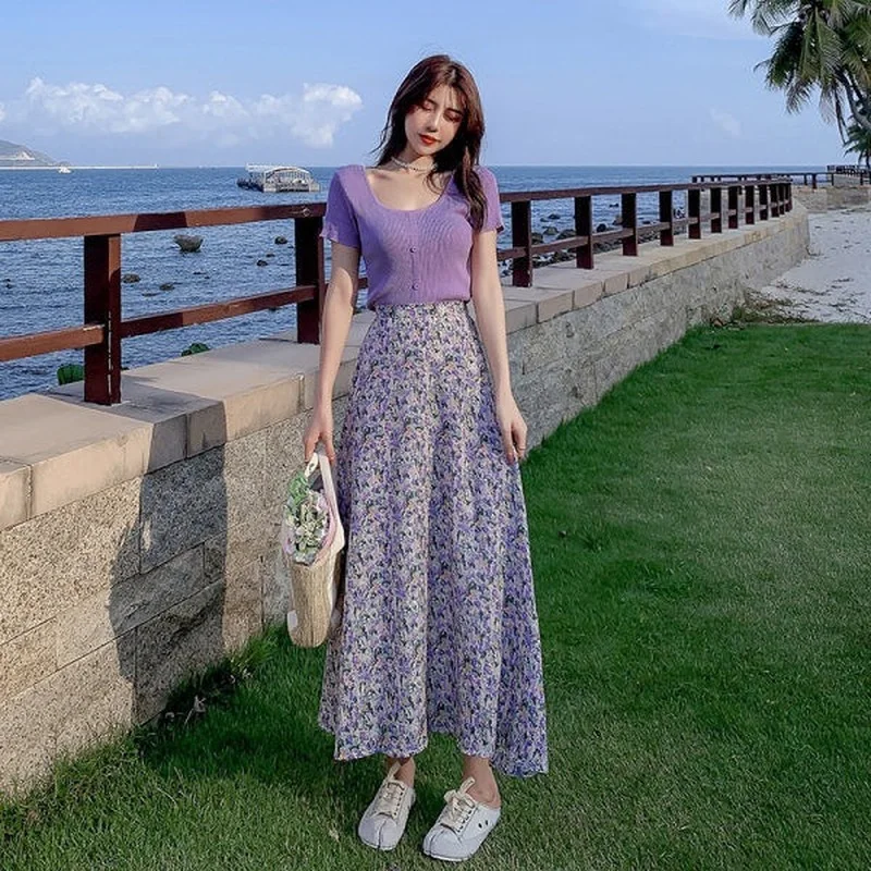 Purple Floral Skirts Women Summer Elegant Gentle All-match Female New Design Korean Fashion High Waist Cozy Retro - AliExpress 200000345 Purple Floral Skirts Women Summer Elegant Gentle All-match Female New Design Korean Fashion High Waist Cozy Retro - AliExpress 200000345