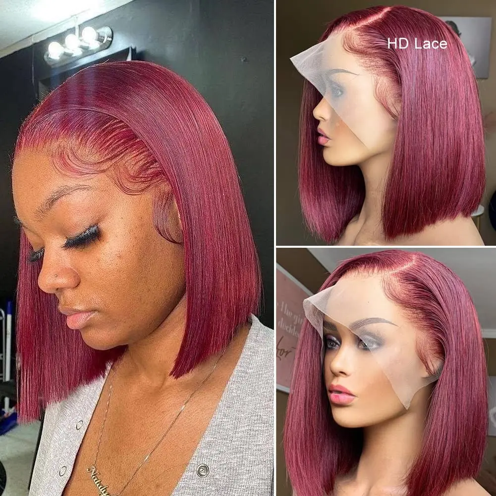 

99j Burgundy Short Bob Straight 10 12 Inch 13x4 Lace Front Human Hair Wig Brazilian Pre Plucked Lace Frontal Red Human Hair Wigs