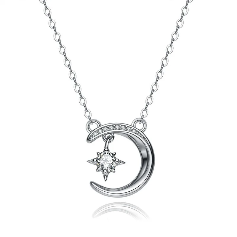 

ZFSILVER Fashion Trendy Classic 925 Silver 0.5ct Moissanite Moon Star Necklace Charms Women Accessories Party Jewelry Gift KJ244