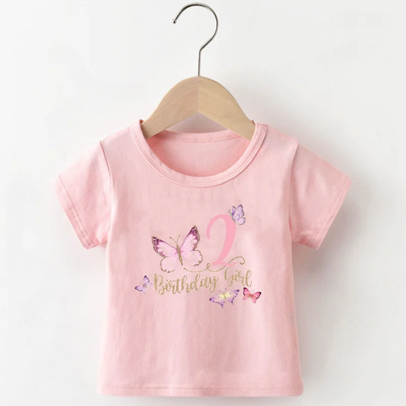 2024 Summer Kawaii Butterfly Print Children T-Shirt Numbers 1-10 Yeas Old Kid T Shirt Birthday Gift Cotton Tshirt Baby Tee Top