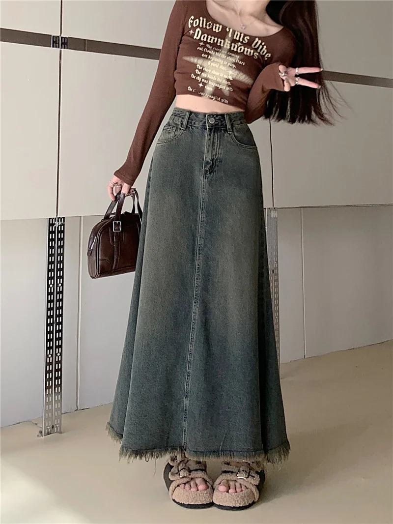 

Vintage Denim Skirts Foe Women Medium-length Denim Bustier Skirt Female Spring and Autumn A-line Raw Edge Fishtail Long Skirts