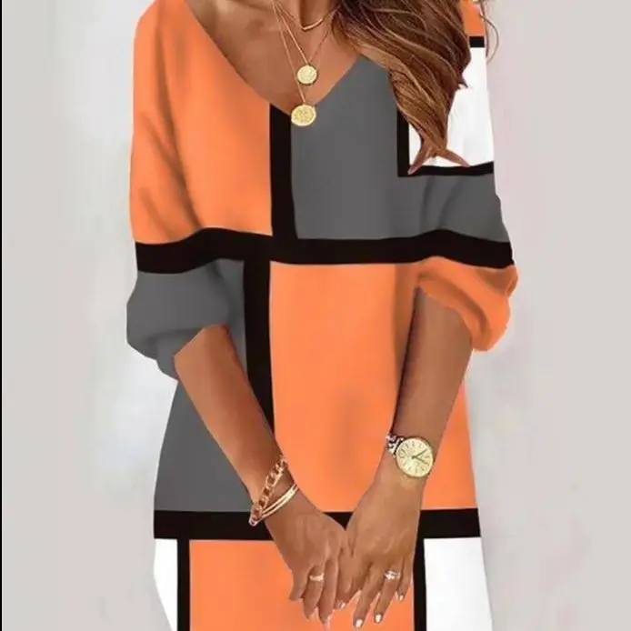 Women Dresses Pullover Print V Neck Knitted Knee Length Vestidos Casual Straight Lantern Sleeve Dress Patchwork Loose Fit