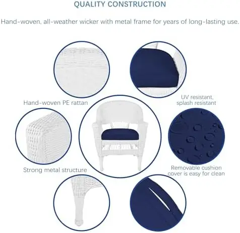 Wicker Chair with Blue Cushion, Set of 2, White/W00206-