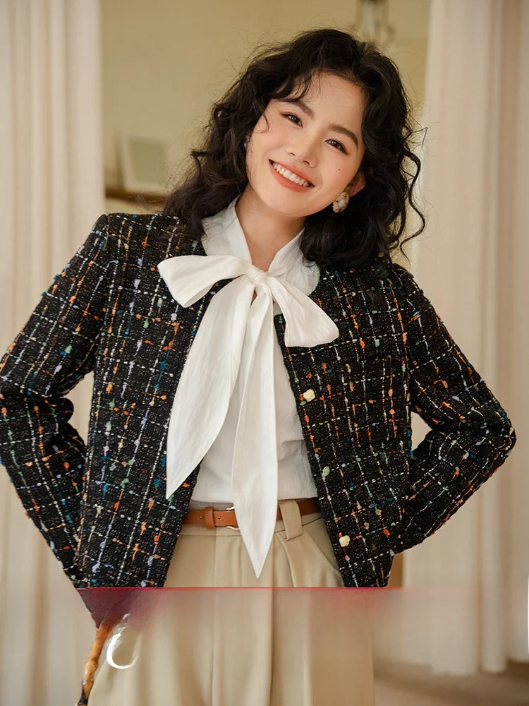 

Black Small Fragrance Style Jacket Women's 2024 New Early Spring Top Korean Style Polyester Fiber 100% Warmth Conservation