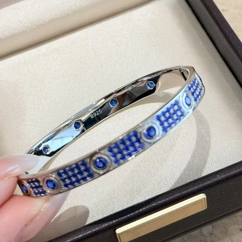 Cameo 925 Silver Bangle Blue Zircon Round Classic Popular Designer Cuff  Bracelets Fashion Daily Party Jewelry Gift