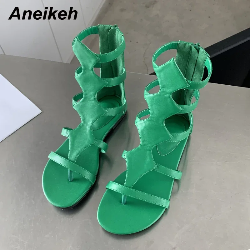 Aneikeh Women\'s Shoes 2026 New Rome Fashion Thong Solid Flat with Sewing Leisure Sandal Striped Ankle-Wrap Hollow Out Classics