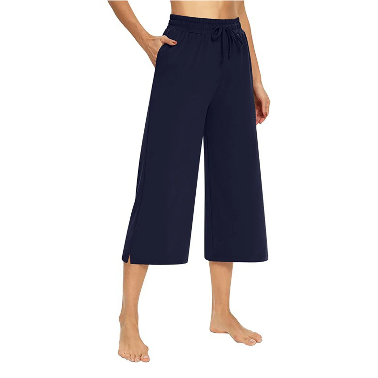 Pantalones recortados de pierna ancha para mujer, ropa de calle de Color sólido, bolsillos con cordón suave, cintura elástica, Verano