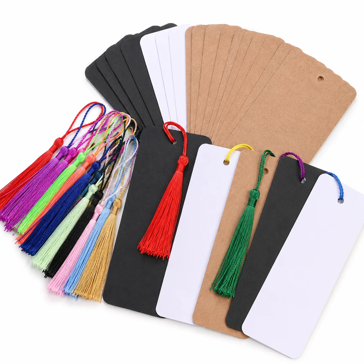 120 Stück Kraftpapier-Lesezeichen in Weiß und Schwarz, inklusive 60 bunten Quasten und 60 leeren Papier-Lesezeichen für DIY-Bastelarbeiten – Detail 4