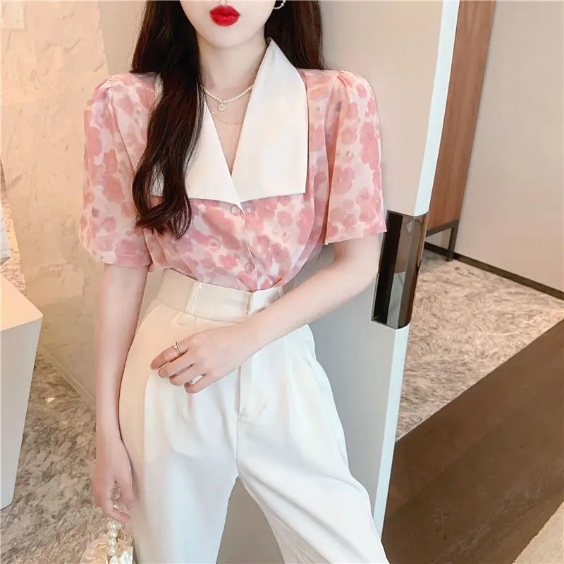 Women's Summer Fashion Simplicity Turn-down Collar Floral Chiffon Shirts Women Clothes Casual All-match Elegant Temperament Tops