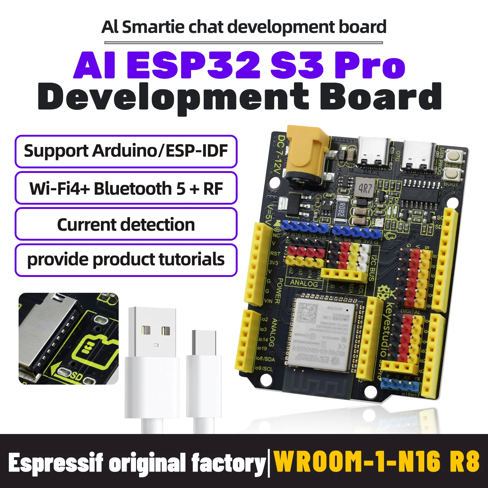 Keyestuido AI ESP32S 3Pr0 Development Board For Arduino Chip ESP32-S3-WROOM-1 N16 R8 Flash 16MB with Type-c Cable
