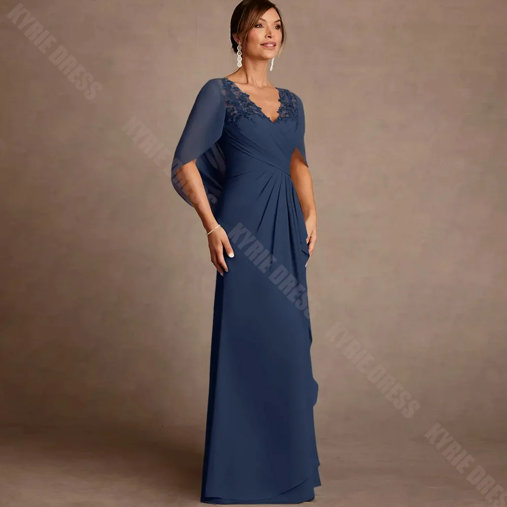 Customized Mother of The Bride Dress 3/4 Sleeves with Cape V Neck Lace Applique A Line Chiffon Wedding Guest Gowns Party Dresses