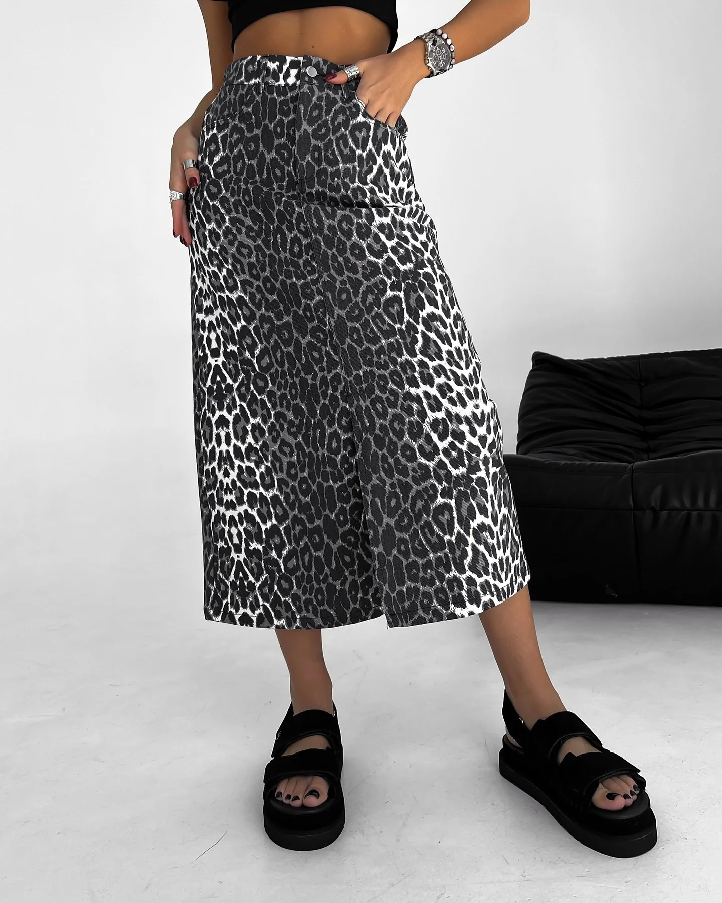 

Faionable High Waist Leopard Print Split Skirt Sli Belted f Body Skirts Polyester Fiber Straight Tube Long A-Line Skirt