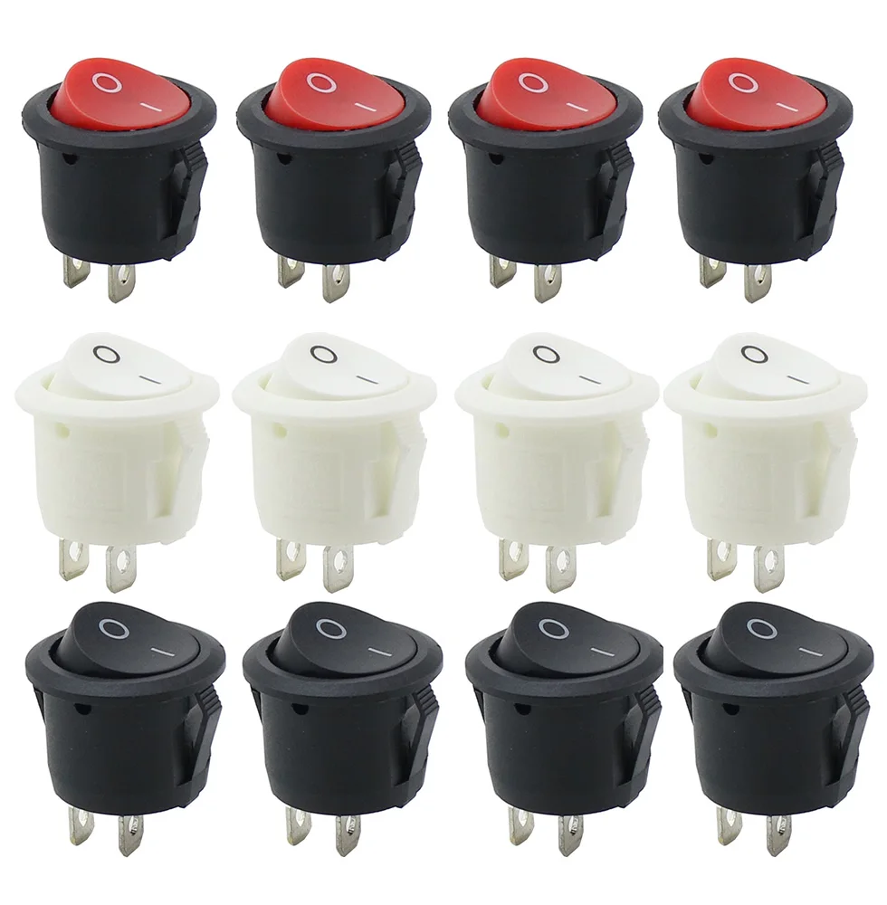 6 sztuk 20mm średnica okrągłe przełączniki kołyskowe czarny Mini okrągły czarny biały czerwony 2-pinowy przełącznik kołyskowy ON-OFF KCD1-105