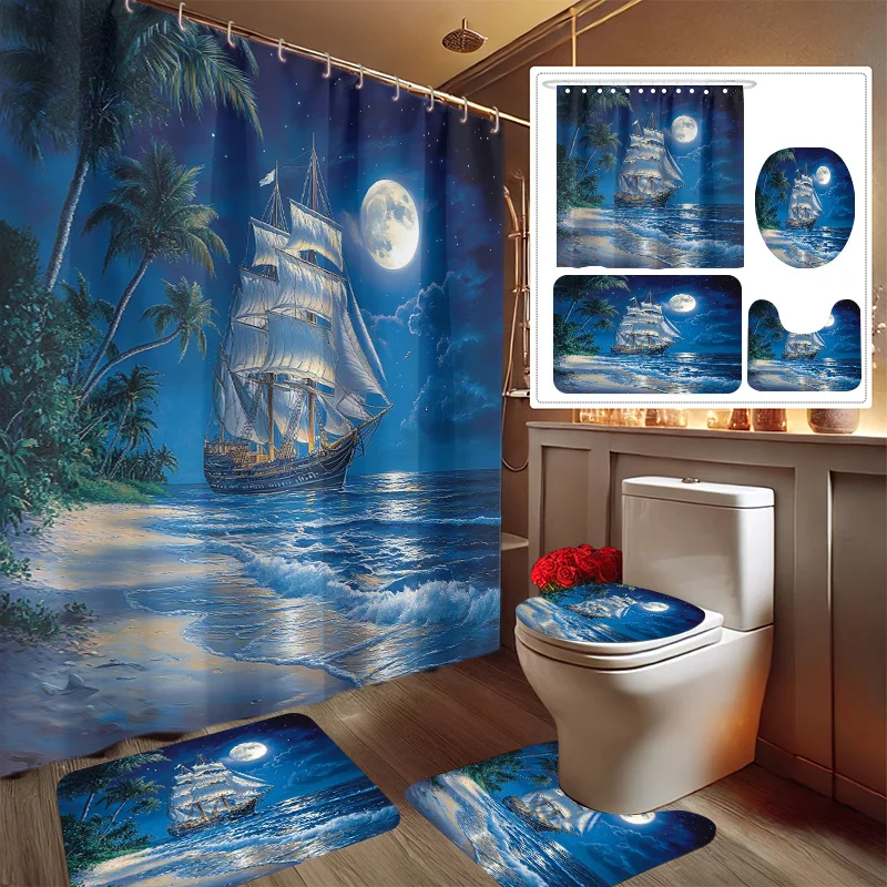 

4pcs Moonlit Beach Night Scene Printed Bathroom Set Including Shower Curtain, Non-Slip Mat, Toilet Cover, Bath Mat and