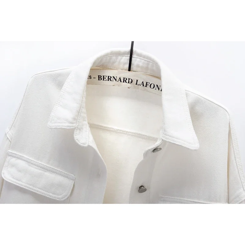 Rosa Weiß Große Tasche Langarm Denim Jacke Frauen Koreanische Mode Cowboy Oberbekleidung Herbst Lose Mid Lange Jeans Jacke Weibliche