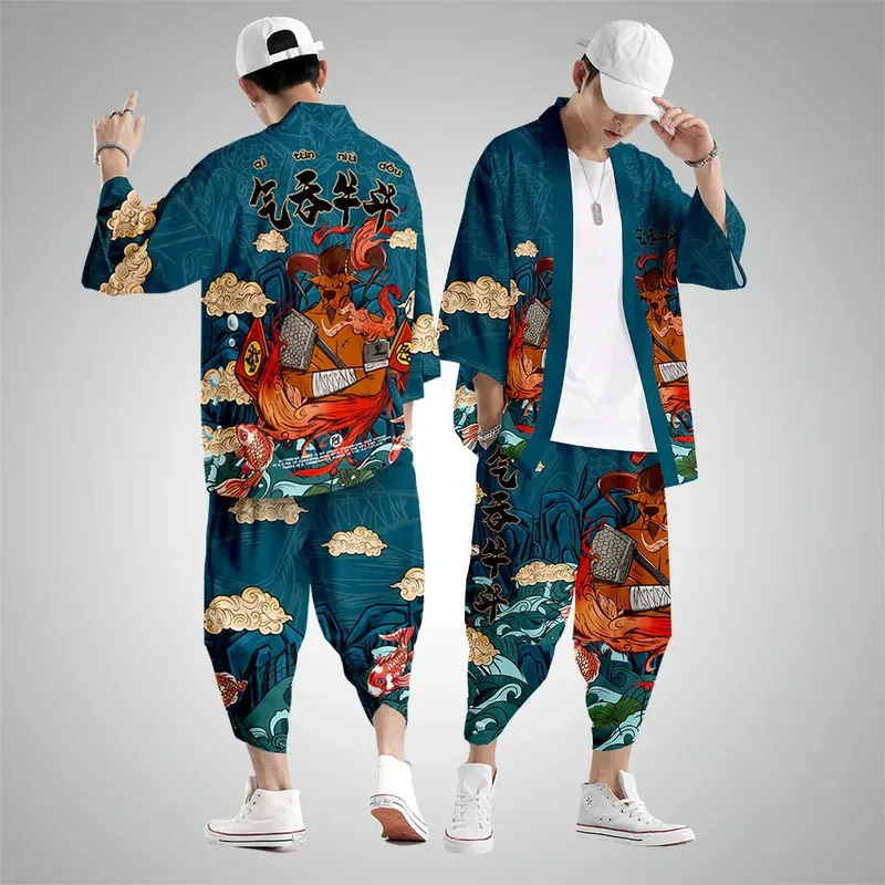 

2025 New Cosplay Male Samurai Costume Haori Obi Beach Kimono Cardigan Streetwear Men Kimono Clothes Yukata Jacket Oversize XS-6X