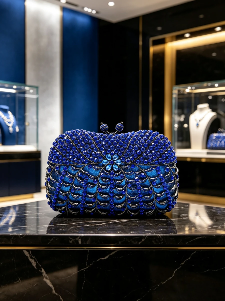 Royal Blue Fish Scale Floral Hollow Rhinestone Rectangle Clutch Luxury Chinese Style Evening Purse Mature Women Wedding Banquet