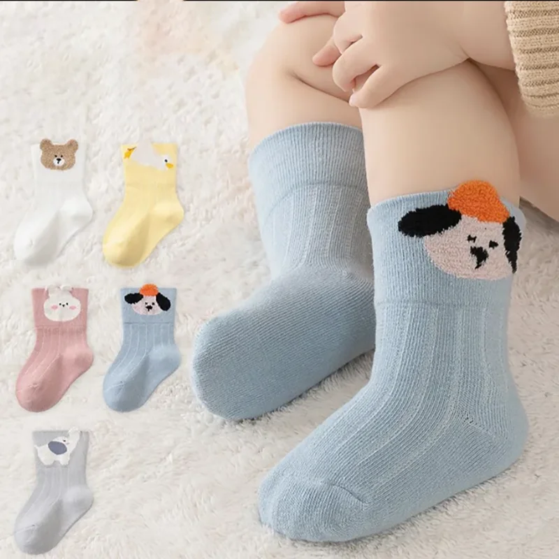 5 Pairs Baby Socks Autumn Spring Pure Cotton Breathable Mid-Tube Cartoon Animal Newborn Boy Girl Socks