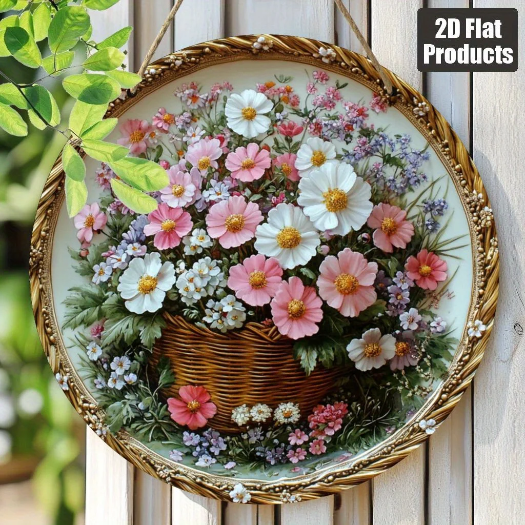 Ein 2D-Flachstück mit rundem Holzschild mit floralem Thema, geeignet für die Dekoration zu Hause und den Garten