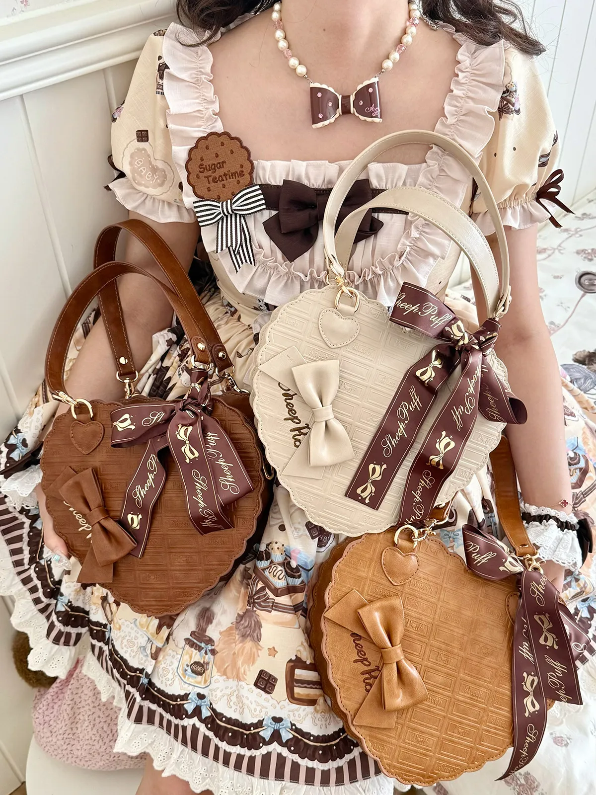 Chocolate Pattern Love Bag Sheep Puff Lolita Handbag Girl Original Butterfly Lace Bag Sweet Cute Lo Shoulder Crossbody Bag Women view 2