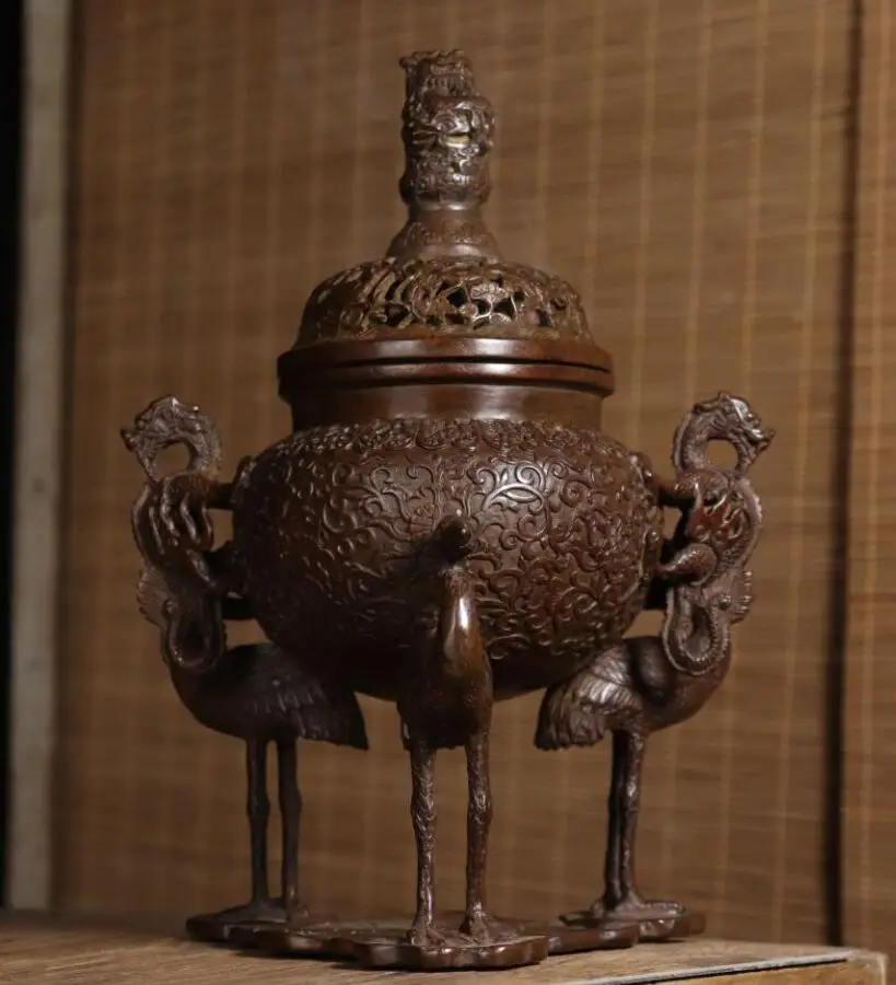 Exquisite Archaize seiko brass three crane foot Incense burner household decoration crafts statue