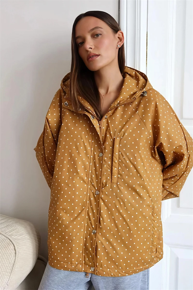 Guobioziy Women's Polka Dot Hooded Jacket 2026 Spring-Autumn Edition Western Casual Trend Slim Fit Daily Street Old Money Style