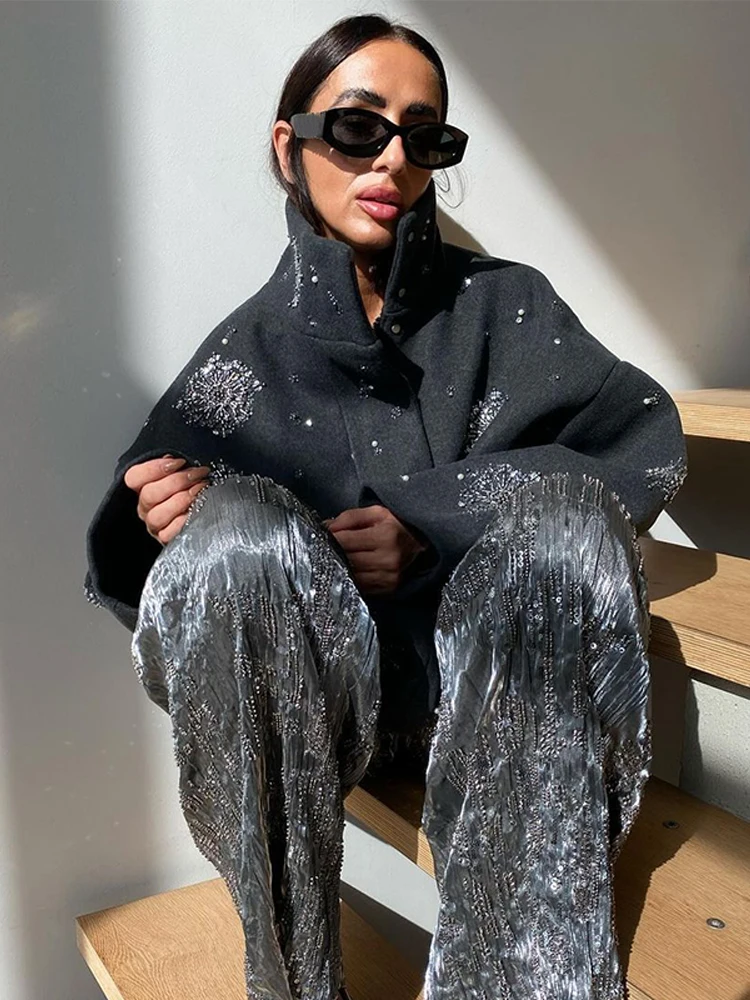 

Серые шерстяные куртки с воротником-стойкой и блестками, женская модная свободная куртка на молнии с длинными рукавами, женская новая повседневная повседневная верхняя одежда Highstreet