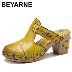 Women Slippers Shoes Genuine Leather Flowers Slides Women Summer Shoes Retro Solid Mother Shoes Wedges Flip Flops Size 42