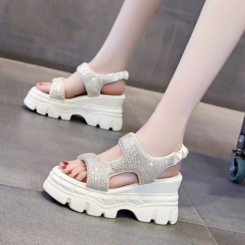 Women Sandals 2024 Summer Platform Open Toe Shoes rhinestone Wedges Height Increasing Sandals Outside Lightweight Sandals