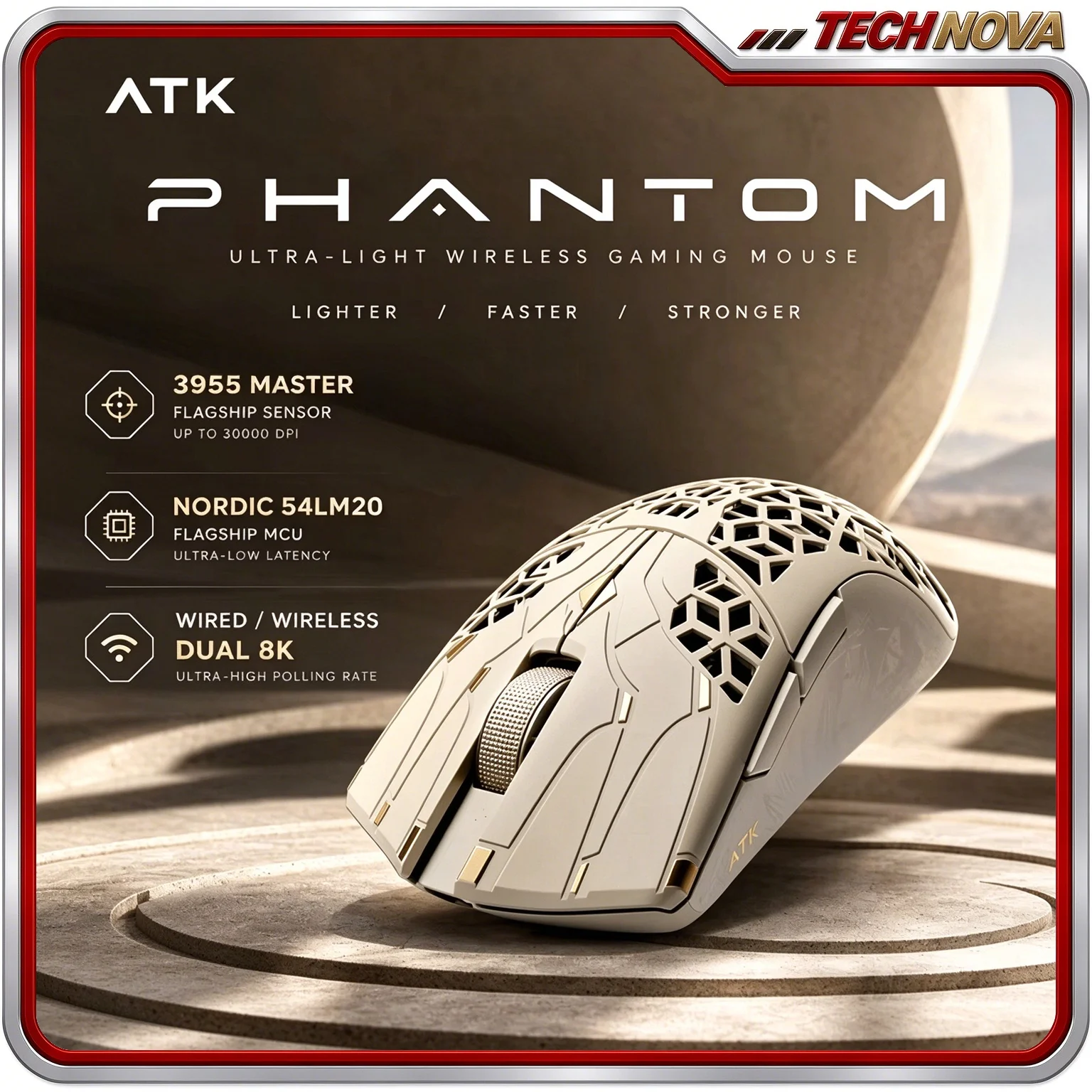 ATK Phantom Mouse Blazing Sky Wireless Ergonomic Gaming Mouse Carbon Fiber Lightweight Skeleton Design for Office & Esports