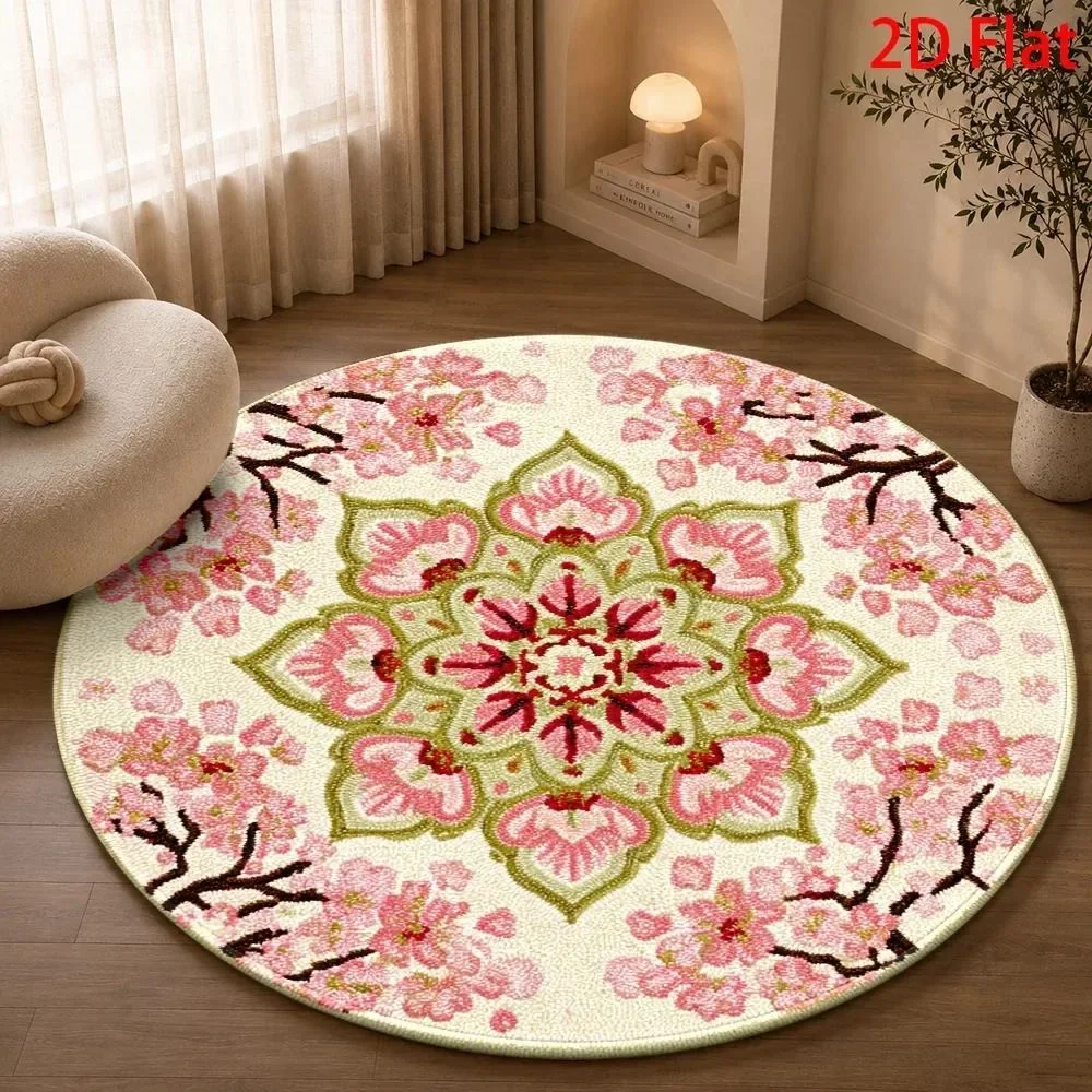 Oriental Cherry Blossom Round Rug,Cream Base Pink Sakura Branch Mandala Folk Pattern Printed Circular Floor Mat,Living Room