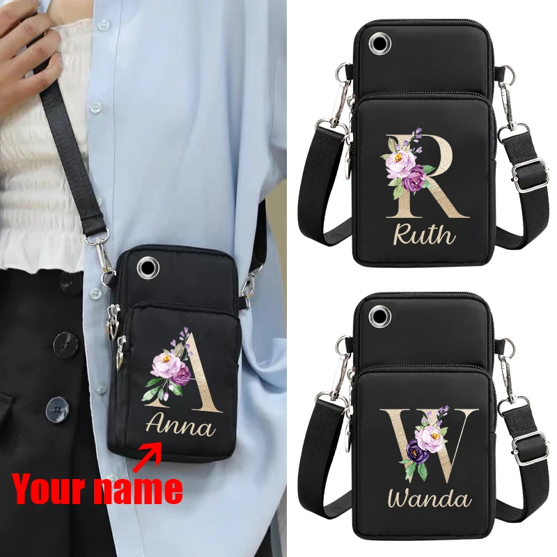 

Custom Name Mini Mobile Phone Bag Sports Fanny Pack Climbing Anti-theft Shoulder Bag 26 Letter Flower Woman Purses and Handbags