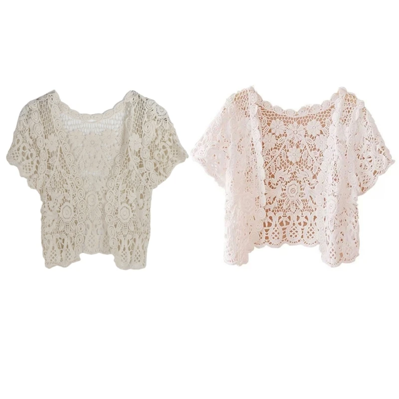 Women Short Sleeve Crochet Shrugs Hollow Out Flower Lace Open Front Cropped Cardigan Sunscreen Scalloped Bolero for Jack