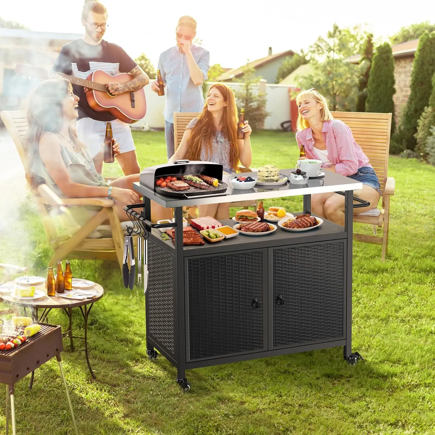 Outdoor-Grillwagen mit Aufbewahrungs- und Aufbewahrungsschrank, Outdoor-Grillwagen aus Metall, Kücheninselwagen mit Edelstahlplatte und