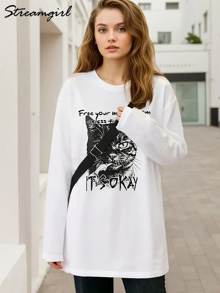 

Women T Shirt Cotton 100% Oversized White Long Sleeve Printed T Shirt Cotton 100 Graphic Tees Long Sleeve Tshirts Women Spring