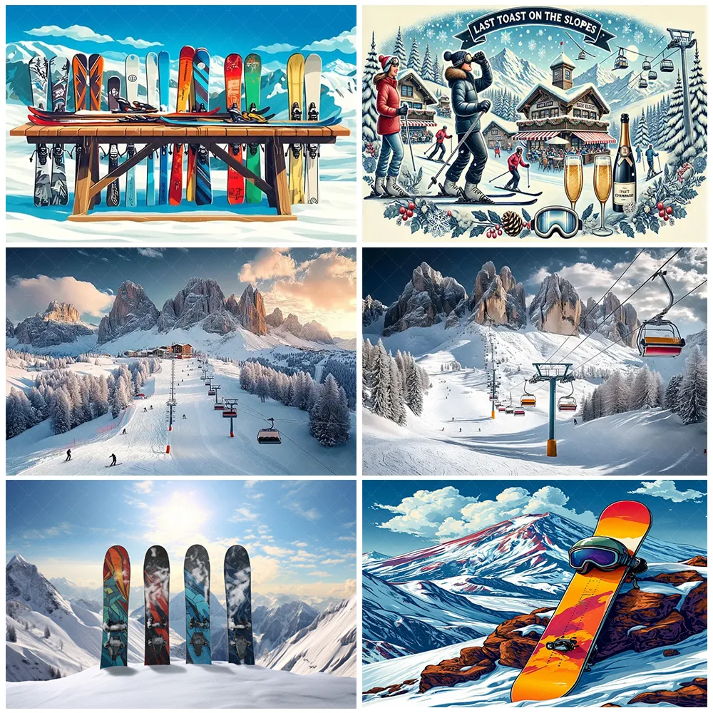 

Winter Sports Skiing Theme Backdrop Snowy Mountain Ski Resort Party Decor Supplies Cable Car Skiing Scene Photography Background