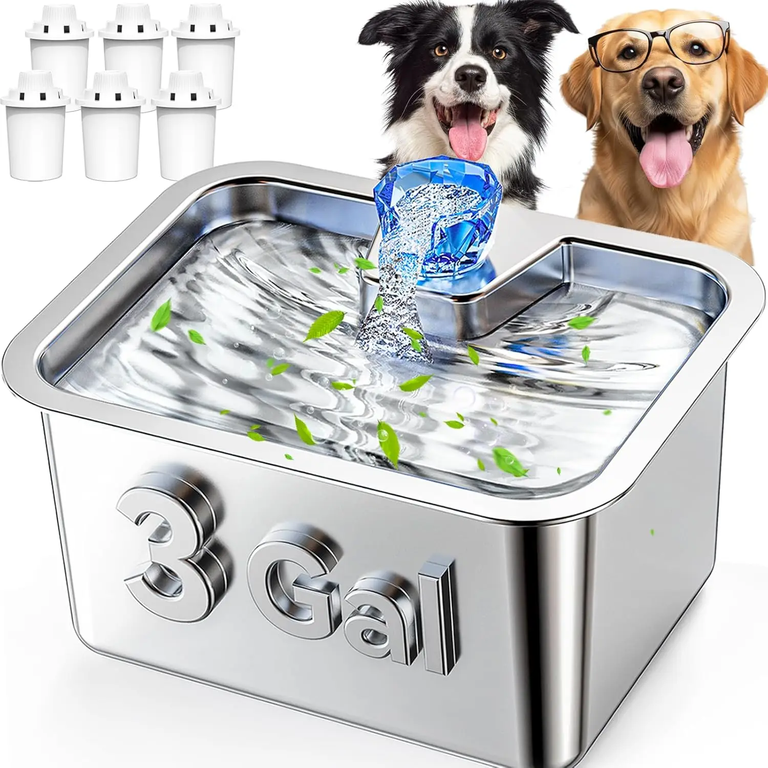 

3Gal Stainless Steel Pet Fountain, 11L Large Dog Water Dispenser with 6 Filters, Ultra Quiet Automatic Bowl for Multi-Pet, Easy Clean
