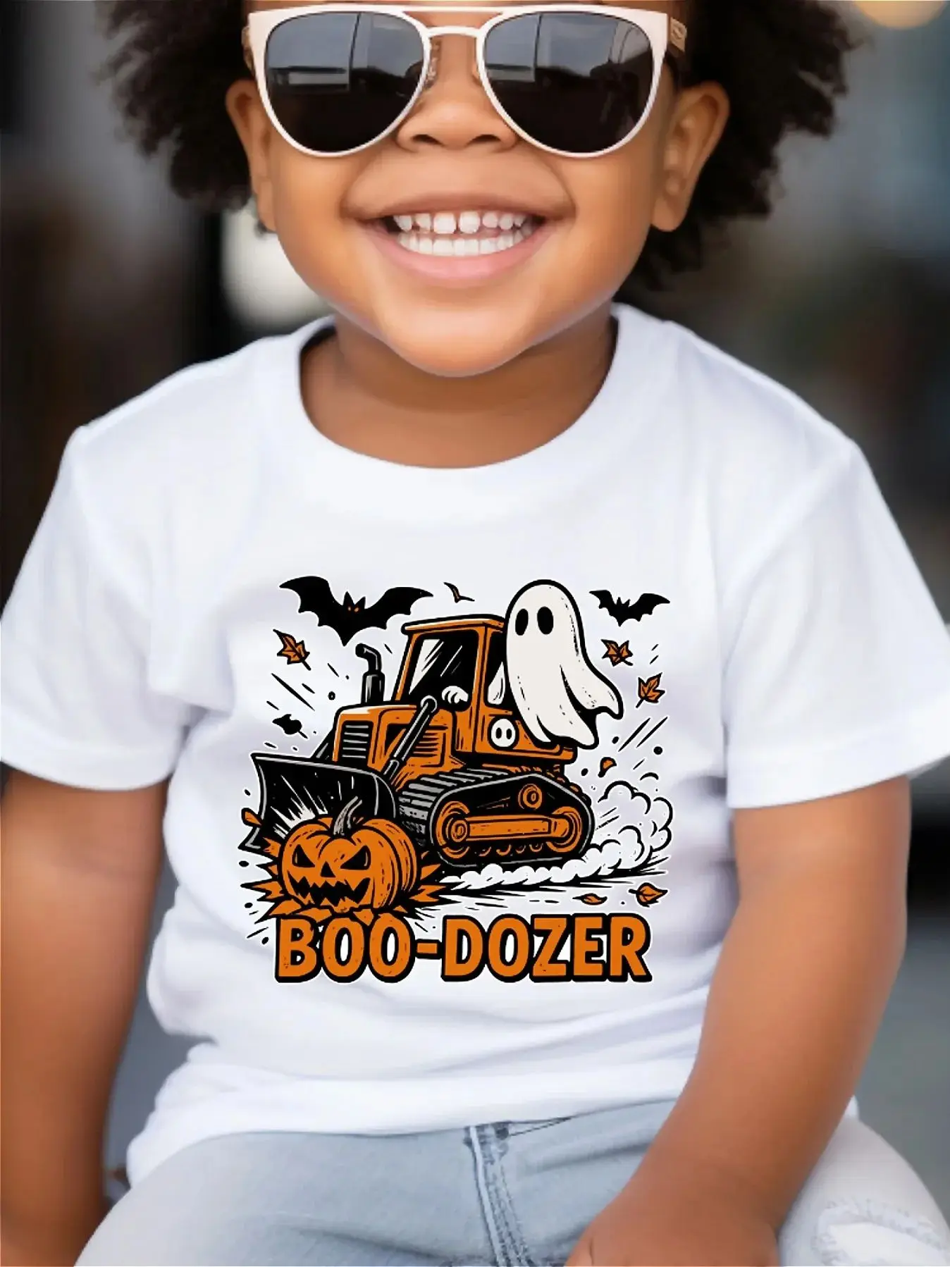 Halloween Excavator Pattern Printed Boys' T-shirt Pumpkin Ghost Pattern Printed Comfortable Round Neck Short Sleeve Top