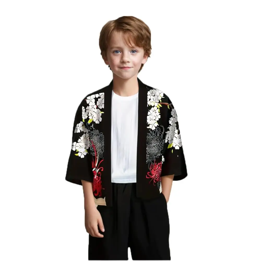 Kids Lightweight Short Kimono Cardigan Jacket Summer Samurai Sword Cat Print Boys Japanese Yukata Seven Sleeve Tops Haori Coat