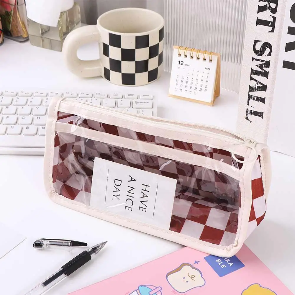 Storage Pouch Transparent Checkerboard Pattern Pen Case PVC High Capacity ' Pencil Cases Ins Cute Lattice Pencil Bag Gifts